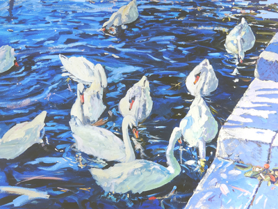 Swans, 2000 (gouache on board)