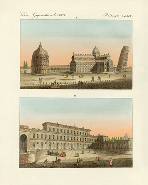 Strange buildings in Italy (coloured engraving)
