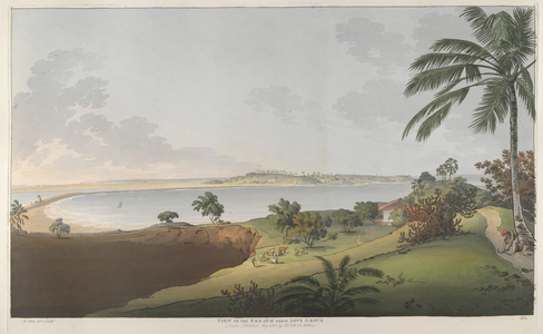 View of the Breach from Love Grove. The Breach House and the Pagoda are shown on the right of this landscape while on the left is a distant view of the ships anchored in the harbour by the town