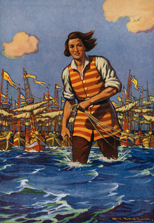 Gulliver captures the fleet. I drew fifty of the enemy's largest men-of-war after me with great ease (colour litho)