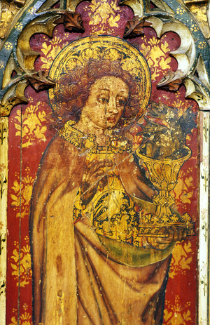 St John the Apostle, detail of the rood screen, Church of St Mary, Old Hunstanton, Norfolk, UK (tempera on wood)