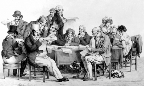 Reading newspapers in France in 1815-1824, engraving