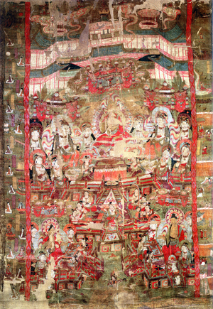 China: Amitabha Buddha residing in his Western Paradise or 'Pure Land', flanked by attendant bodhisattvas Avalokitsevara (left) and Mahasthamaprata (right). Dandan Oilik, Xinjiang, c. 8th-10th century