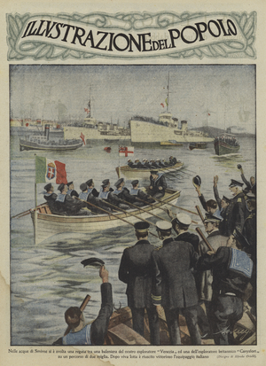 Rowing race between Italian and British sailors at Izmir, Turkey (colour litho)