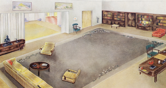 1930s interiors: Living-room and study (colour litho)