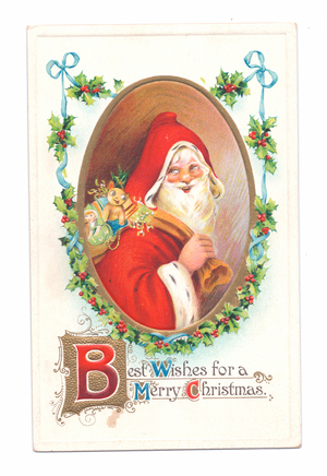 Edwardian Christmas postcard of a smiling Father Christmas with a sack of toys across his shoulder, c.1910 (colour litho)