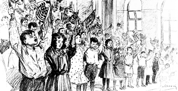 Jewish immigrant children waving tiny U.S. flags, 1916