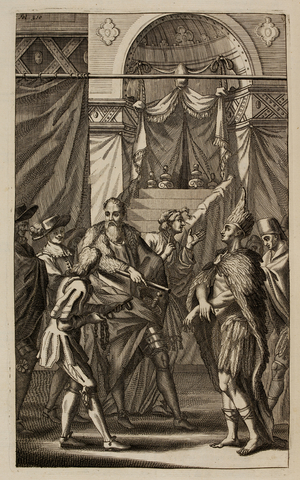 Gathering of Spanish and Native American men in conquest of Mexico.