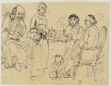 Alms to the Poor (pen and black ink, on tan tracing paper, laid down on ivory wove paper)