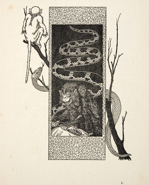 Monkey versus Snake, from A Hundred  Anecdotes of Animals, pub. 1924 (engraving)