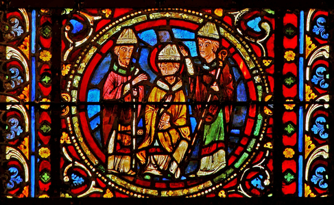 Window w2 depicting St Germain is enthroned Bishop of Paris (stained glass)