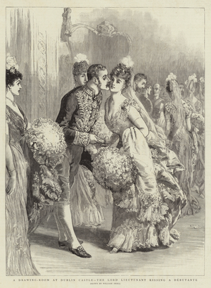 A Drawing-Room at Dublin Castle, the Lord Lieutenant kissing a Debutante (engraving)