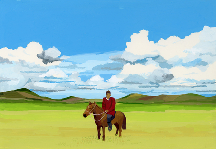 Mongolian steppes and people riding horses, 2015 (Gouche on paper)