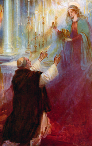 The legend of the Coronation Oil and the Ampulla, The Virgin appearing to Thomas A Becket (colour litho)