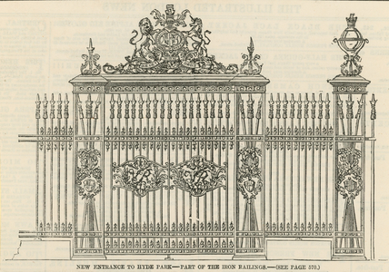 New entrance to Hyde Park - part of the iron railings (engraving)