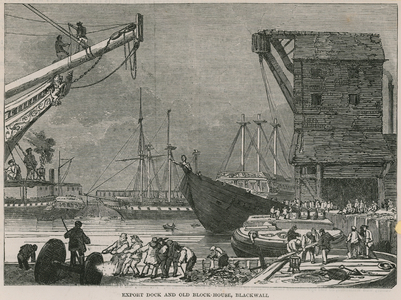 Export dock and old Block House, Blackwall (engraving)