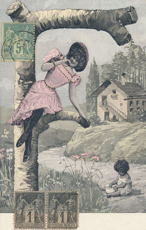 F: Capital letter in faux wood, country decor, a female character and a young child. No. 4906,1904 (photomontage)