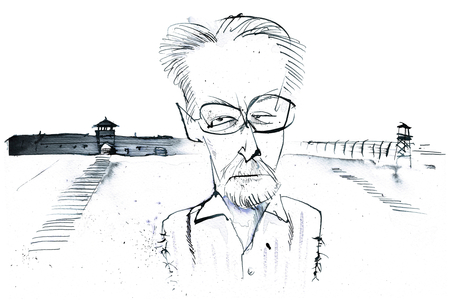 Italian writer, poet and chemist Primo Levi (1919-87); caricature