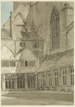 Part of the north and east cloisters of Bristol Cathedral (pencil & w/c on paper)