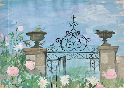 Roses and Daises by a Gateway, bears artist's studio stamp, c.1970-80 (gouache)