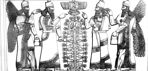 two kings performing a religious ceremony in Mesopotamia with winged spirits, engraving after a low relief, 8th century BC