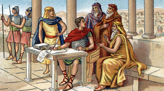 Julius Caesar writing his comments on the Gallic War, 19th century (Chromolithography)