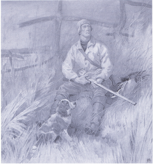 Wild fowler with dog (colour litho)