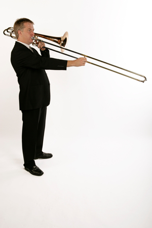 Bass Trombone player in playing position