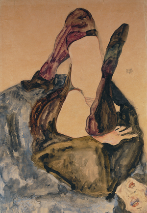 Woman with Raised Leg and Purple Stockings; Frau mit Erhobenem Bein und Lila Strumpfen, 1911 (gouache, w/c & pencil on paper)