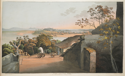 View of Sion fort.
Figures and cattle by buildings in the foreground; water and islands in the middle ground and distance.
