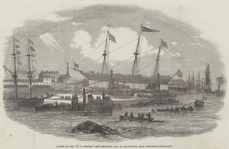 Launch of the "W S Lindsay," Iron Emigrant Ship, at Willington, near Newcastle-upon-Tyne (engraving)