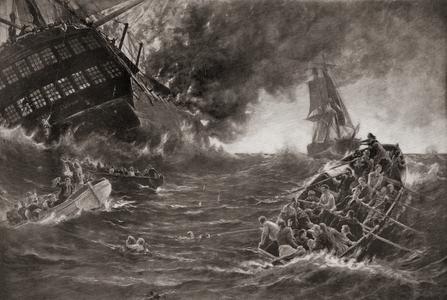 The Burning of the Kent.  The East Indiaman "Kent" sinking on her maiden voyage in the Bay of Biscay in 1825.   From Bibby's Annual published 1910.