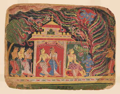Krishna Defeats Trinavarta, the Demon Whirlwind, from a Bhagavata Purana (Book of the Lord), Pre-Mughal school (Painting)