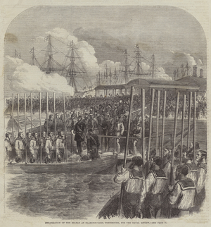 Embarkation of the Sultan at Clarence-Yard, Portsmouth, for the Naval Review (engraving)