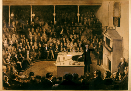 Michael Faraday lecturing at the Royal Institute before the Prince Consort, 1856 (oil painting)