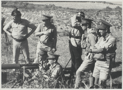 Machine Gun Company training for the anti personnel role, during training at Fanling Camp, New Territories, c.1938 (b/w photo)