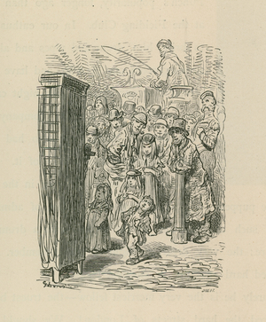 A crowd gather to watch a street entertainer's show (engraving)