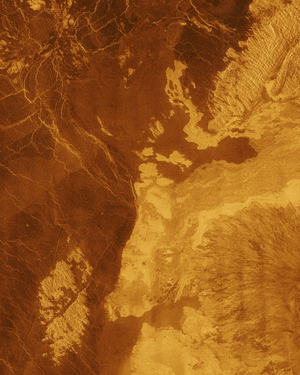 This false color Magellan image shows a portion of Bereghinya Planitia (plains) in the northern hemisphere of Venus.