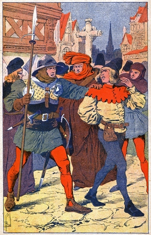 King Charles VI strolls incognito through the streets of Paris, c.1900 (illustration)