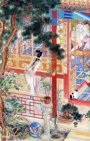 China: chun hua erotic 'Spring Picture' to illustrate a scene from the Ming Dynasty (1368-1644) erotic classic Jin Ping Mei or 'The Golden Lotus'. Painting by Hu Yefu (1914)