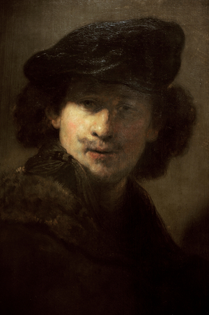 Self-portrait with Velvet Beret and Furred Mantel, 1634, by Rembrandt (1606-1669).