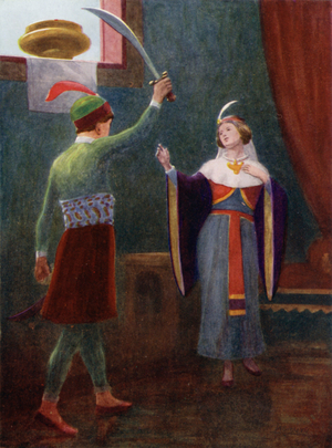 He was in great anger and held his sword in his hand (colour litho)