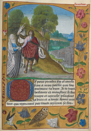 Lady Imagination taking leave of the knight, with the city of Halle in the background.