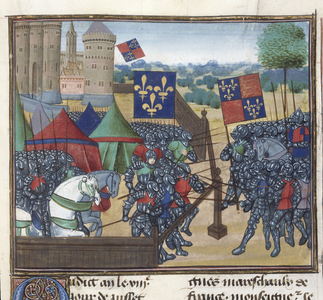 (Miniature only) Siege of Castillion sur Dordogne. French and English troops battle over wooden defences, with banners, tents and castle walls