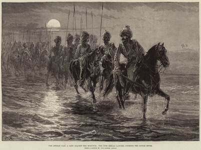 The Afghan War, a Raid against the Momunds, the 11th Bengal Lancers crossing the Kunar River (engraving)