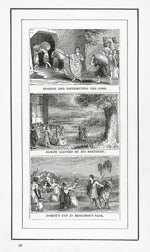Storing And Distributing The Corn; Joseph Saluted By His Brethren; Joseph's Cup In Benjamin's Sack (engraving)