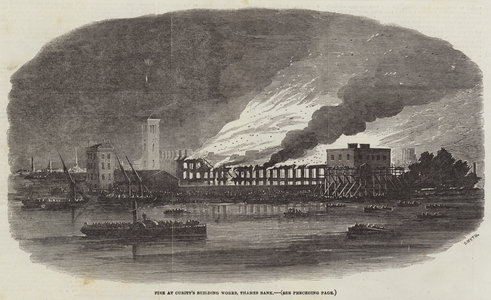 Fire at Cubitt's Building Works, Thames Bank (engraving)