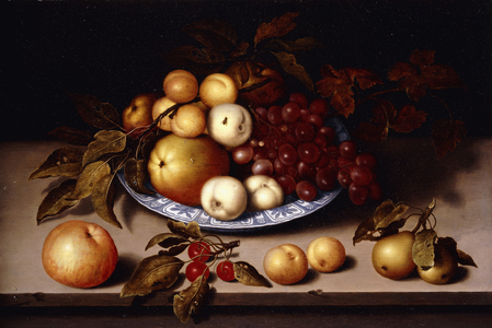 Peaches, Apples, Apricots and Grapes in a Wanli Kraak Porselein Bowl with Cherries, pears, Apricots and an Apple on a Ledge,  (oil on panel)