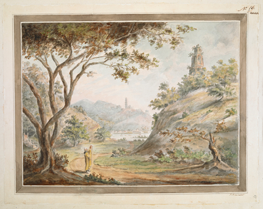 Sui-fung-ta, or temple of the thundering winds.
A Chinese monk stands on a road in prayer looking up at a circular building covered in grass, shrubs and moss seen among trees on top of a hill in the Vale of Tombs, with lake See-hoo, village, pagoda and mountains in the background, within washlines.
One of 'Three colored views of the "Lake Si-hoo, near Hangtcheou-foo, and of the Sui-fung-ta, or temple of the thundering winds."