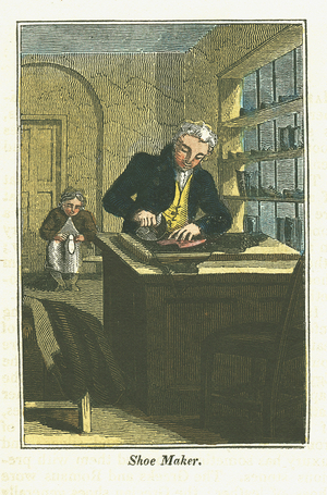 Shoe Maker Master craftsman in tailored coat and yellow waistcoat (vest) cuts leather from skin. In background boy apprentice in apron and drab jacket sits making up a shoe Hand-coloured woodcut from The Book of English Trades London 1823